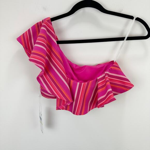 Trina Turk Marai Swim Top One Shoulder Ruffle Pink Striped Padded Beach US 4 NWT - Picture 5 of 10